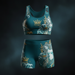 TITAN Unisex Slimming Compression Sports Bra & Shorts Set — Ocean Teal Mermaid Crown Edition