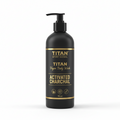 Matte black 16oz pump bottle of Titan Vegan Body Wash with gold text and graphics on a clean white background.