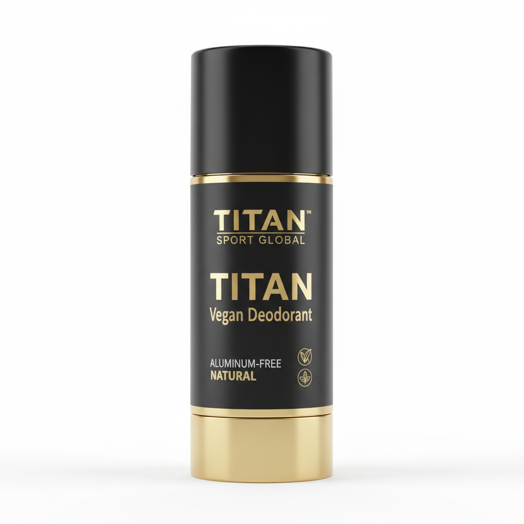 Black and gold TITAN Sport Global vegan deodorant stick with "Aluminum-Free" and "Natural" text on a white background.