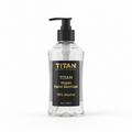 Clear 8oz pump bottle of TITAN Vegan Hand Sanitizer with black label and gold text against a white background.