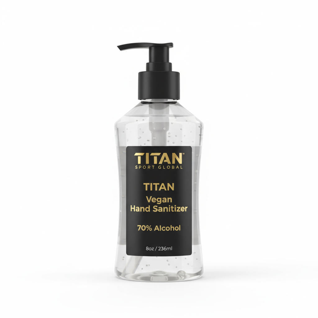 Clear 8oz pump bottle of TITAN Vegan Hand Sanitizer with black label and gold text against a white background.