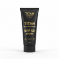 Black TITAN Sport Global 4oz sunscreen tube with gold text, branding, and SPF 50 labels on a white background.