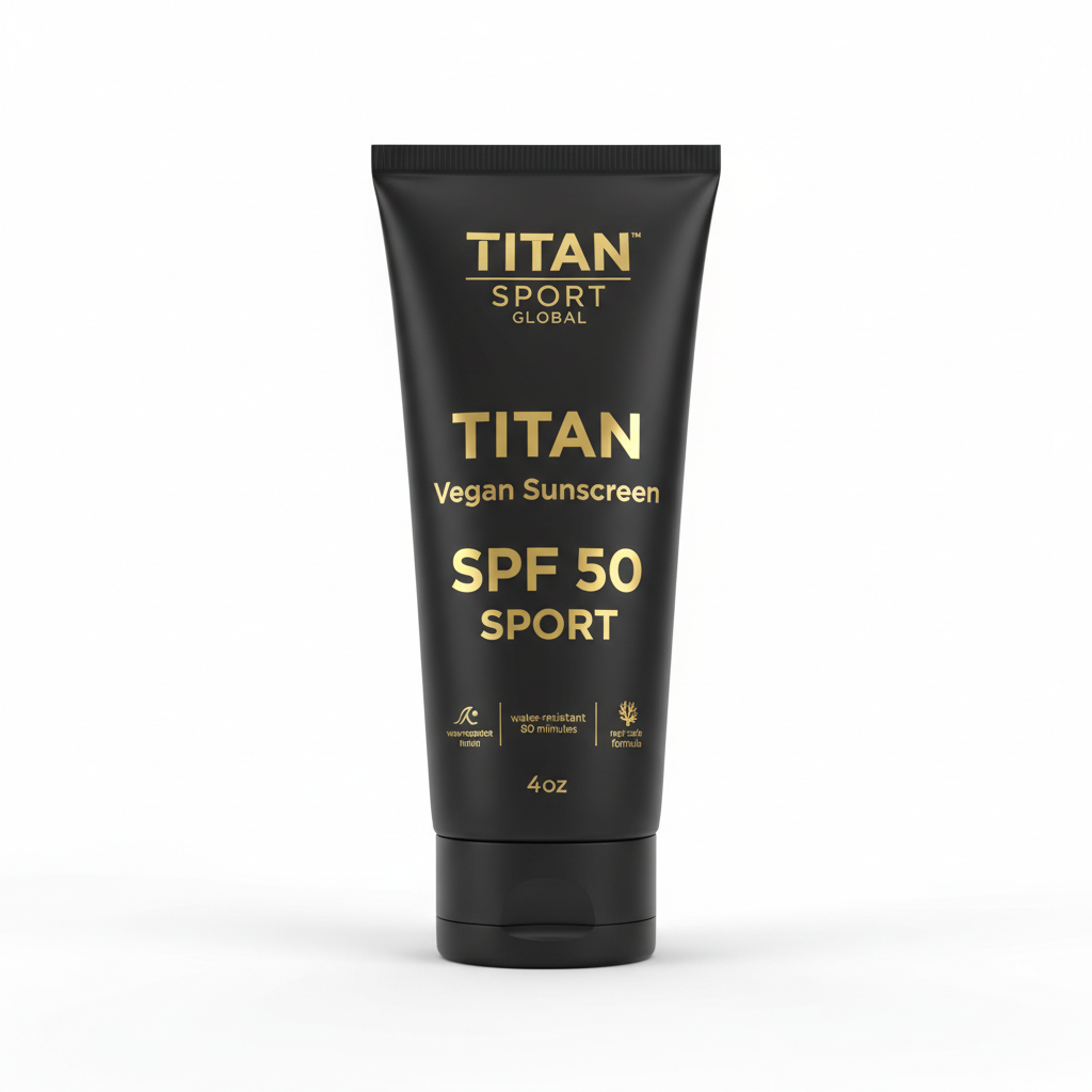 Black TITAN Sport Global 4oz sunscreen tube with gold text, branding, and SPF 50 labels on a white background.