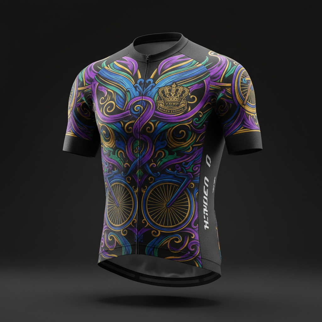 TITAN VeloCore cycling jersey in black with ornate purple, blue, and gold bike and crown filigree patterns.