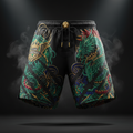 Black Titan VentMax training shorts with laser-cut ventilation, green dragon graphics, and gold lion drawstring ends.