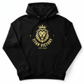 Black hoodie with gold drawstrings featuring a metallic gold lion logo, "TITAN VICTORY" text, and "EST. 2024" graphic.