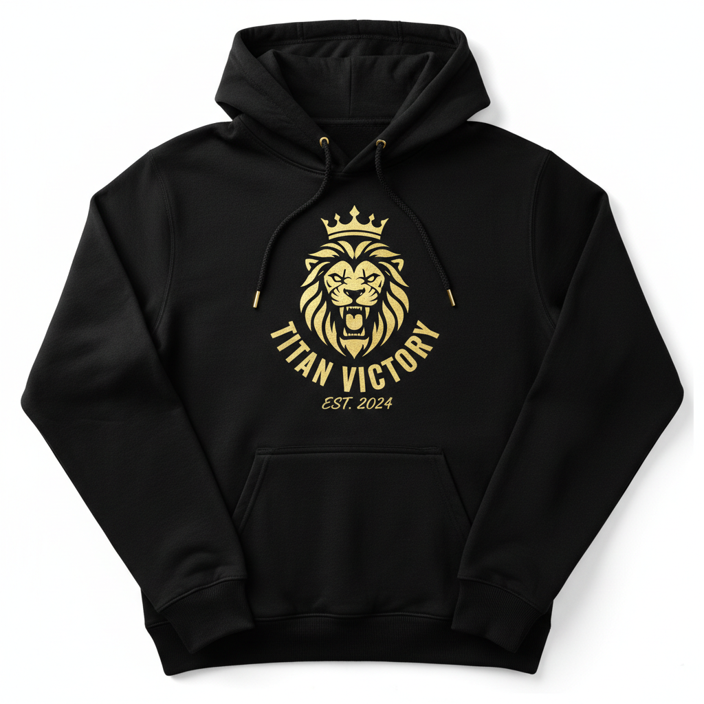 Black hoodie with gold drawstrings featuring a metallic gold lion logo, "TITAN VICTORY" text, and "EST. 2024" graphic.