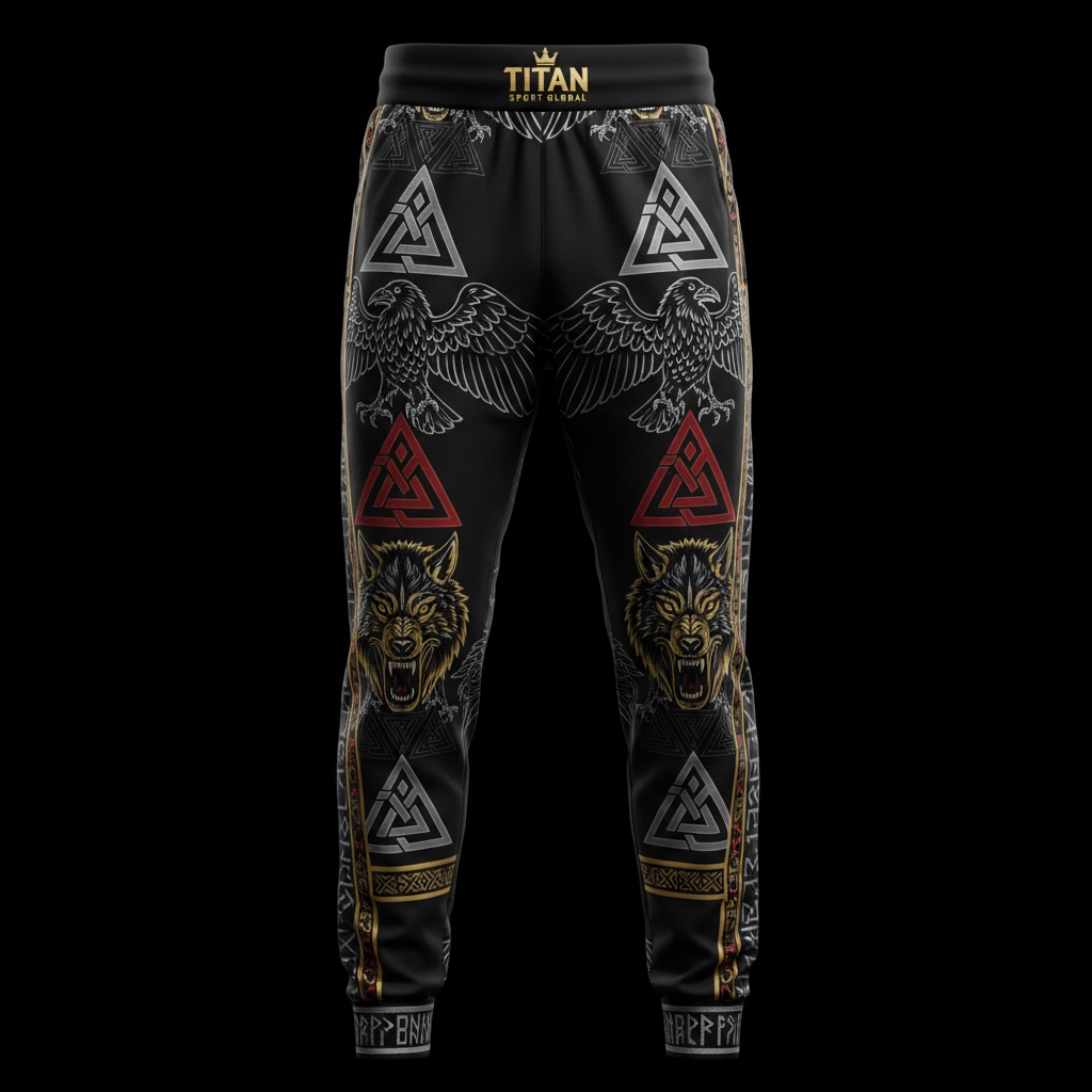 Black joggers with Viking Valknut, eagle, and wolf graphics, gold branding, and runic side stripe details.