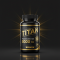 Black bottle of TITAN Vitamin D3 + K2 5000 IU with gold lettering and sun icon, glowing against a dark background.
