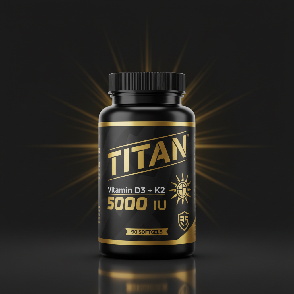 Black bottle of TITAN Vitamin D3 + K2 5000 IU with gold lettering and sun icon, glowing against a dark background.
