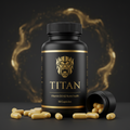 Black bottle of TITAN Vitamin D3 + K2 with gold logo, text, and yellow capsules on a dark background with gold aura.