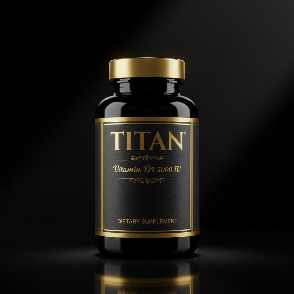 Black bottle of TITAN Vitamin D3 5000 IU with a gold cap and elegant gold text, set against a dark background.