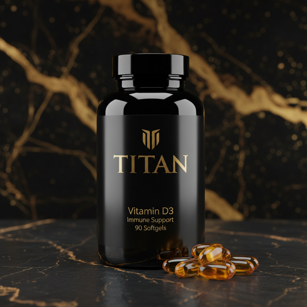 Black bottle of TITAN Vitamin D3 softgels with gold branding, set on a black marble surface with gold veining.