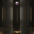 TITAN Volleyball Spike Trainer Vol. 2: A red, white, and blue ball on a black adjustable pole with a gold crown base.