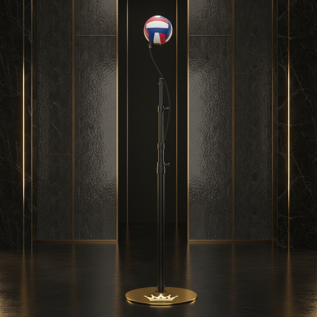 TITAN Volleyball Spike Trainer Vol. 2: A red, white, and blue ball on a black adjustable pole with a gold crown base.