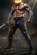 Titan Sport joggers featuring gold dragon, tribal prints, and "Crown" lettering to embody a powerful, royal aesthetic.