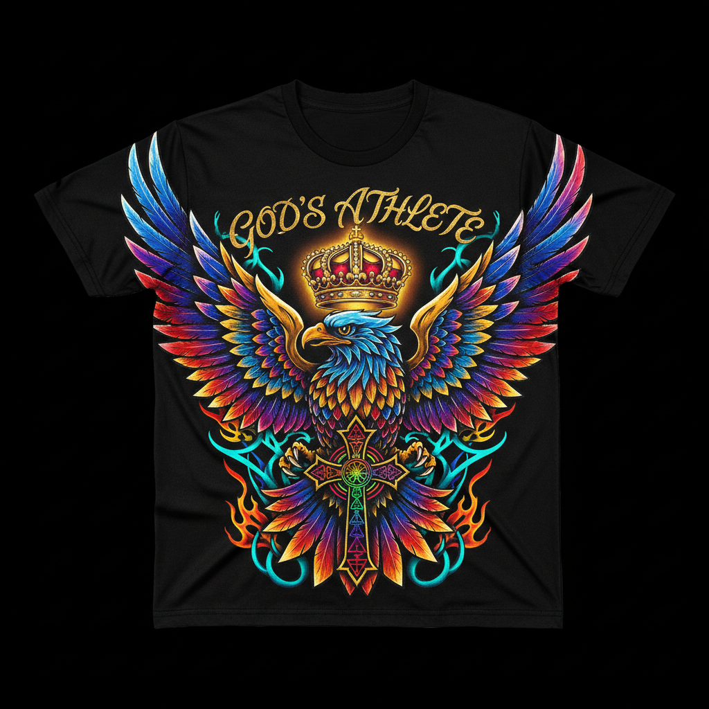 TITAN Warrior Everyday Tee — "God's Athlete" Colorful Sacred Eagle Crown