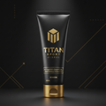 Matte black TITAN whitening toothpaste tube with gold branding, text, and cap against a dark geometric background.