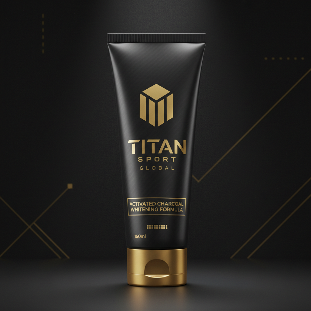 Matte black TITAN whitening toothpaste tube with gold branding, text, and cap against a dark geometric background.