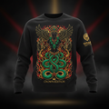 Black crewneck sweatshirt featuring a gold, green, and red Aztec-inspired serpent deity graphic with flames.