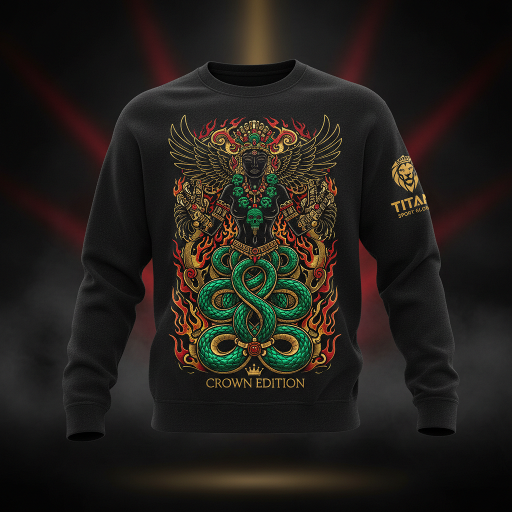 Black crewneck sweatshirt featuring a gold, green, and red Aztec-inspired serpent deity graphic with flames.