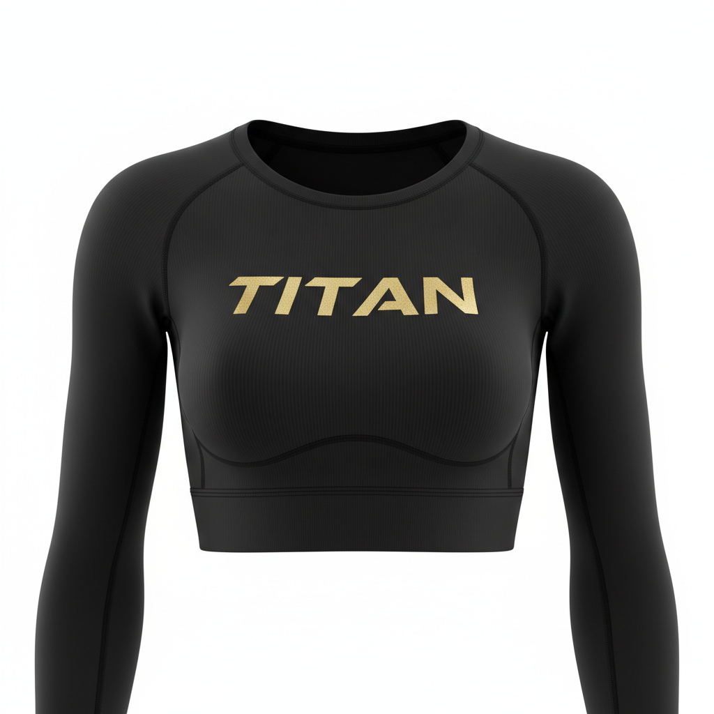 Black long-sleeve ribbed crop top with gold TITAN logo across the chest, featuring a scoop neckline.