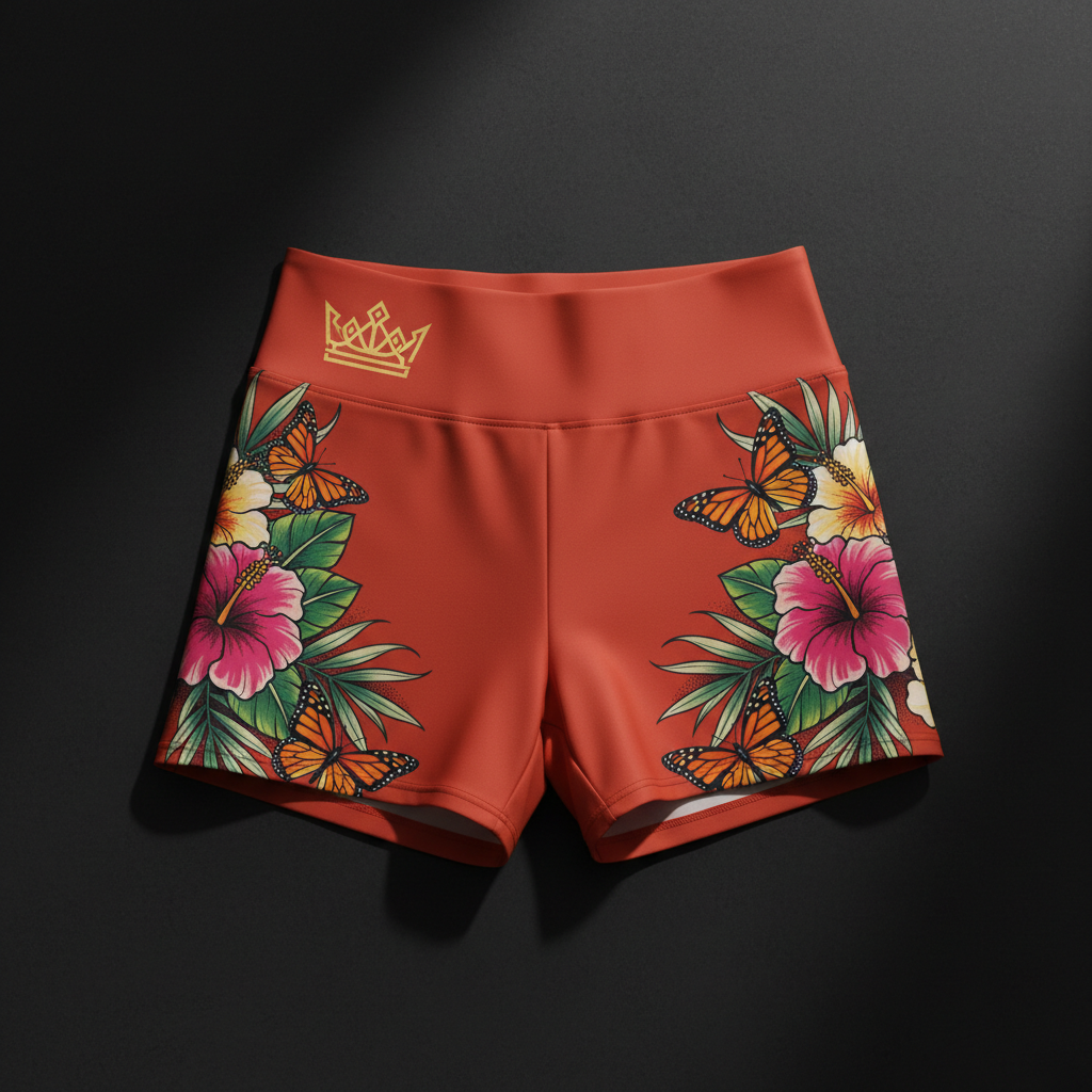 TITAN Women's High-Waist Slimming Swim Shorts - Coral Hibiscus Crown Edition