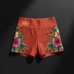 TITAN Women's High-Waist Slimming Swim Shorts — Coral Hibiscus Crown Edition