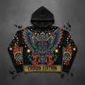 Black hoodie featuring vibrant, multicolored Itzpapalotl butterfly goddess art, star motifs, and "CROWN EDITION" text.