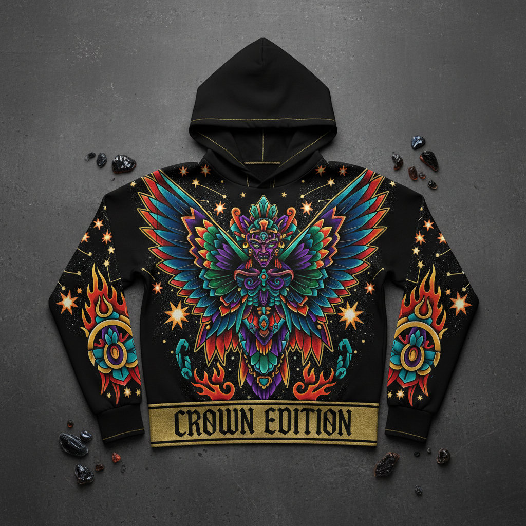 Black hoodie featuring vibrant, multicolored Itzpapalotl butterfly goddess art, star motifs, and "CROWN EDITION" text.