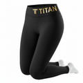 Black TITAN biker leggings with a high waistband featuring a gold metallic "TITAN" logo and brand icon.