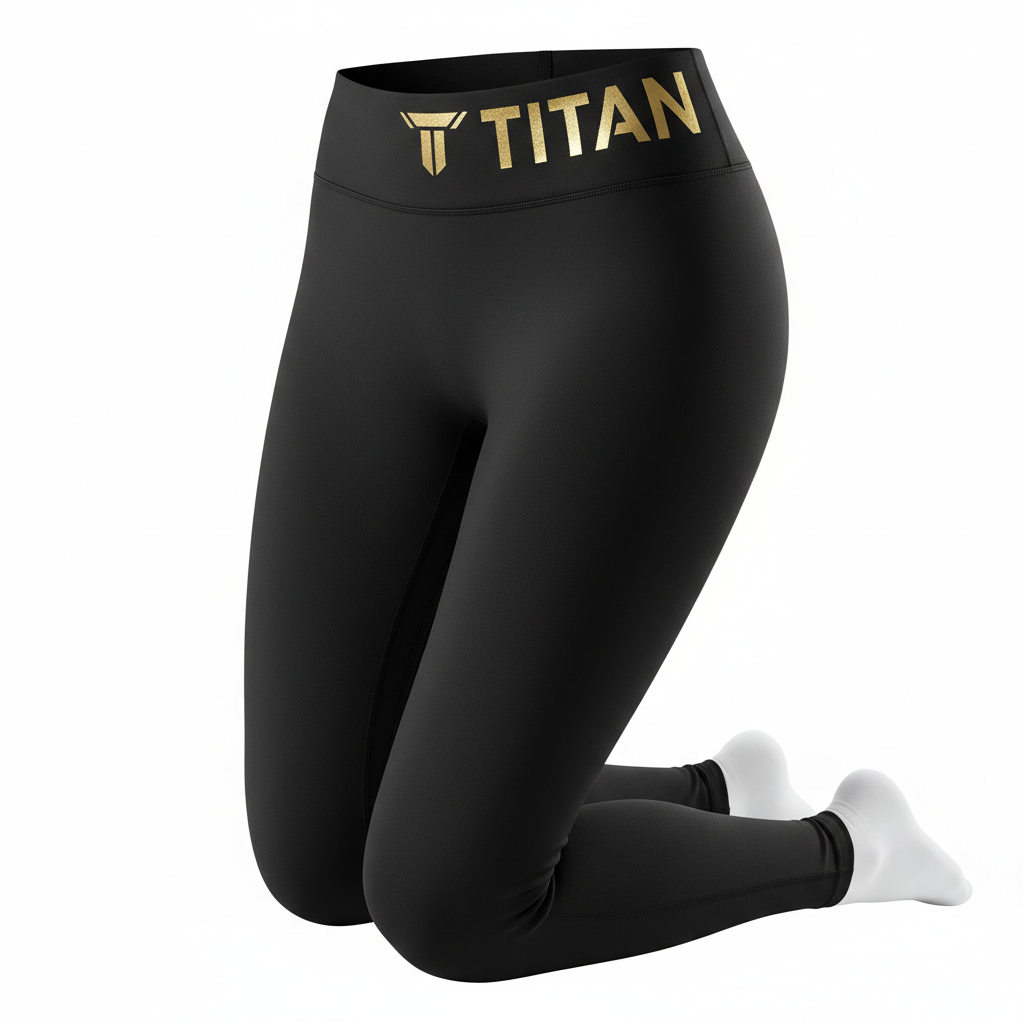 Black TITAN biker leggings with a high waistband featuring a gold metallic "TITAN" logo and brand icon.