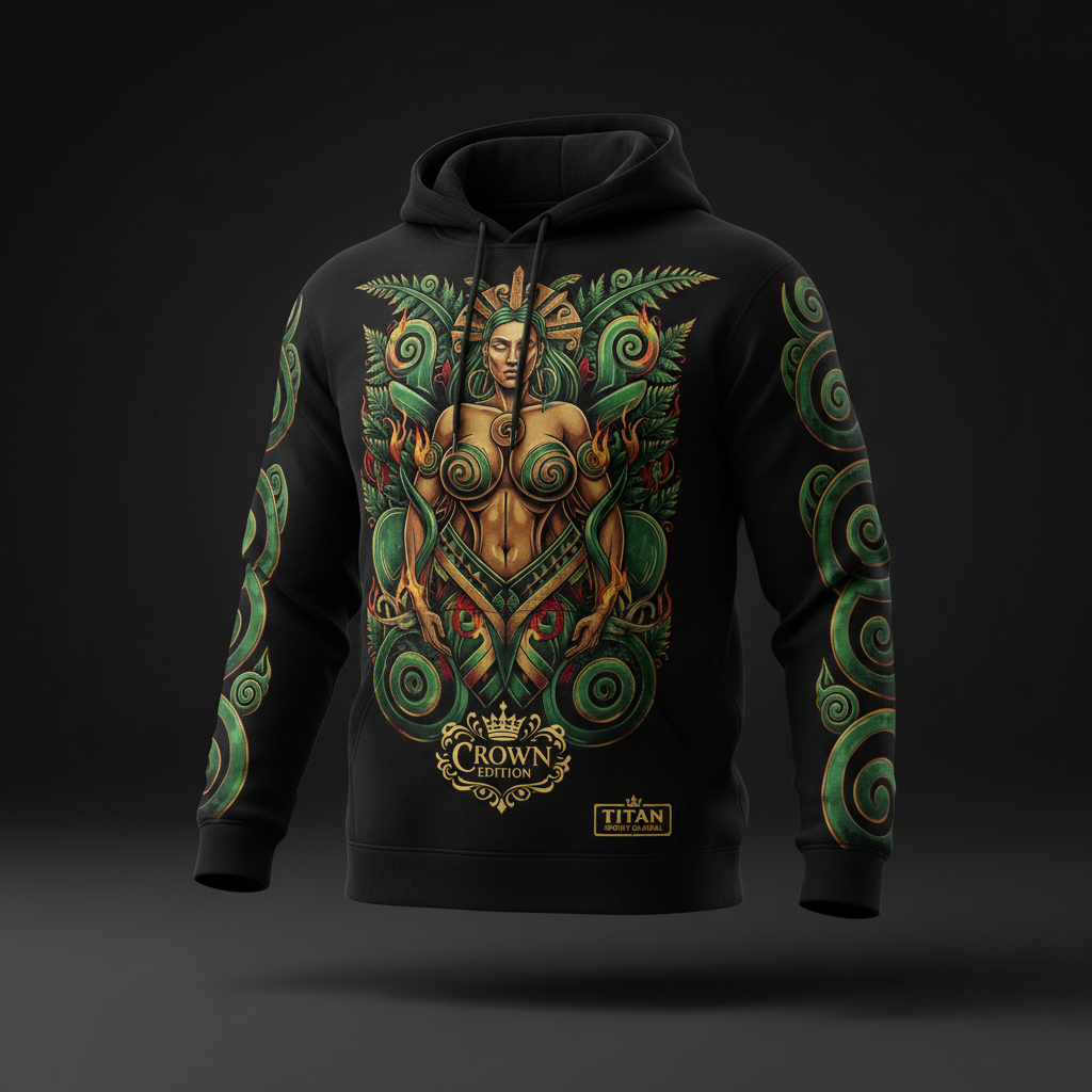 Black hoodie featuring Papatuanuku Earth Mother art with green spiral designs and gold crown logos on chest and sleeves.