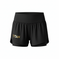 Black TITAN women's athletic shorts with high waistband, layered performance fit, and gold logo on the right leg.