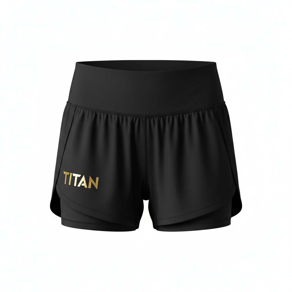 Black TITAN women's athletic shorts with high waistband, layered performance fit, and gold logo on the right leg.