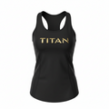 Women's black racerback tank top with a feminine fit and metallic gold "TITAN" logo on the chest.
