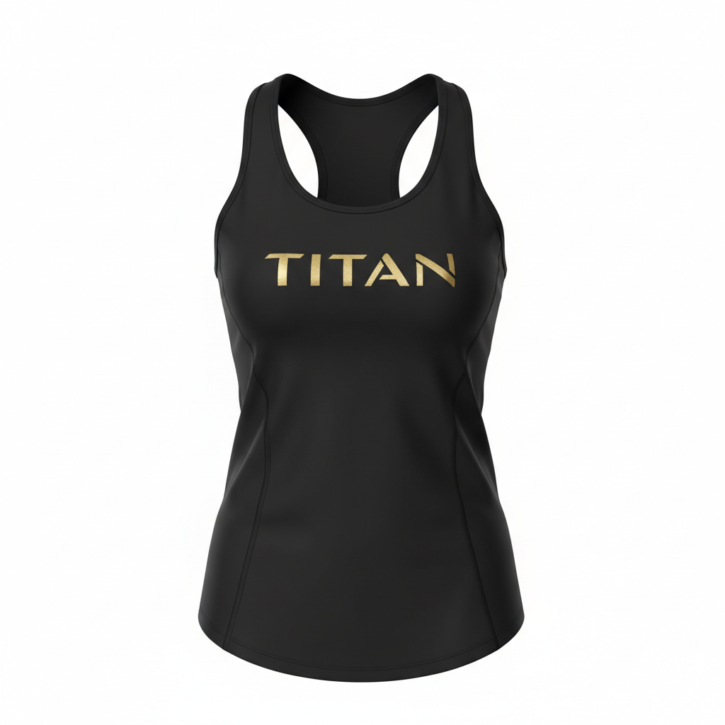 Women's black racerback tank top with a feminine fit and metallic gold "TITAN" logo on the chest.