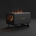 Matte black TITAN Crown Edition wood-burning stove with golden logo, metal mesh sides, and glowing internal fire.