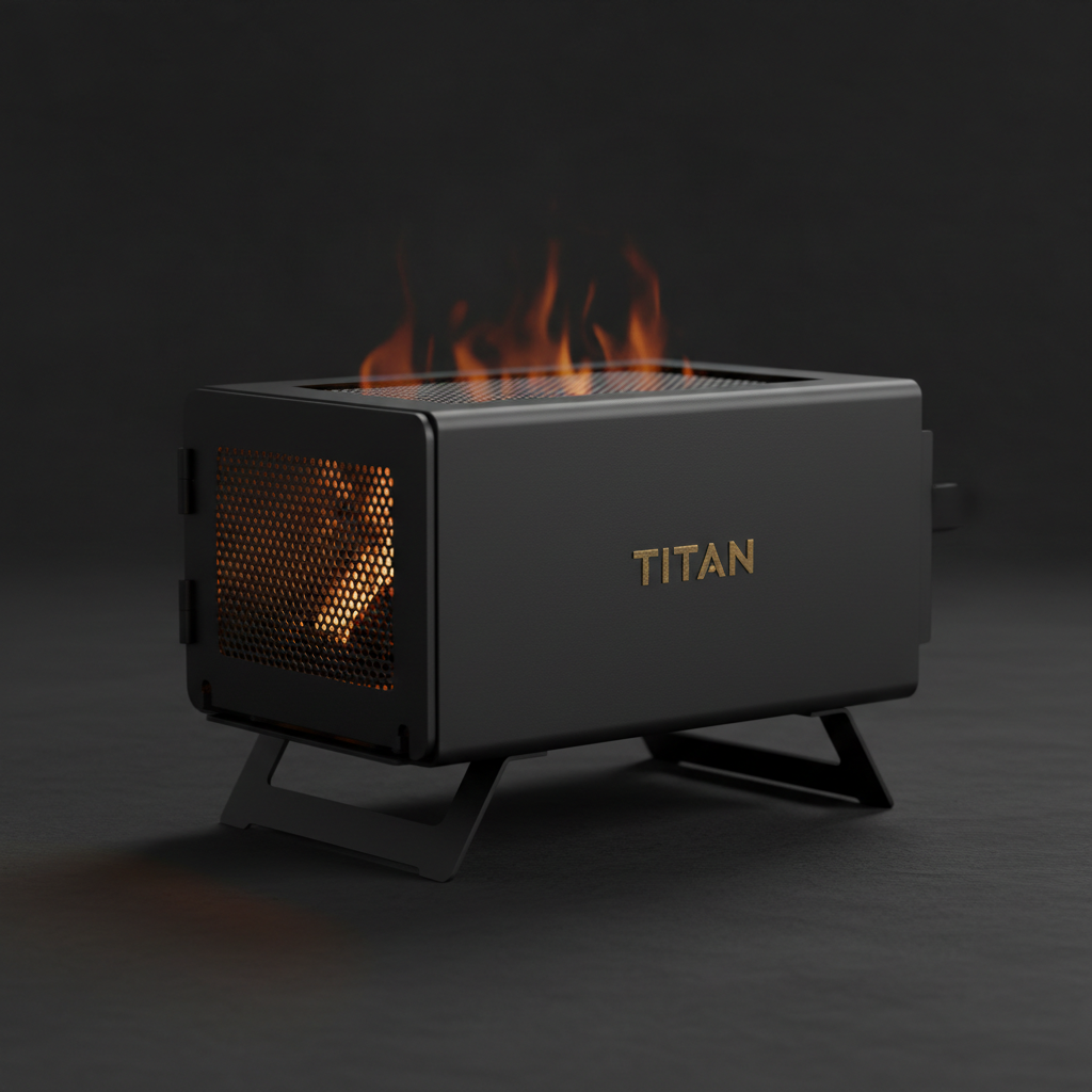 Matte black TITAN Crown Edition wood-burning stove with golden logo, metal mesh sides, and glowing internal fire.