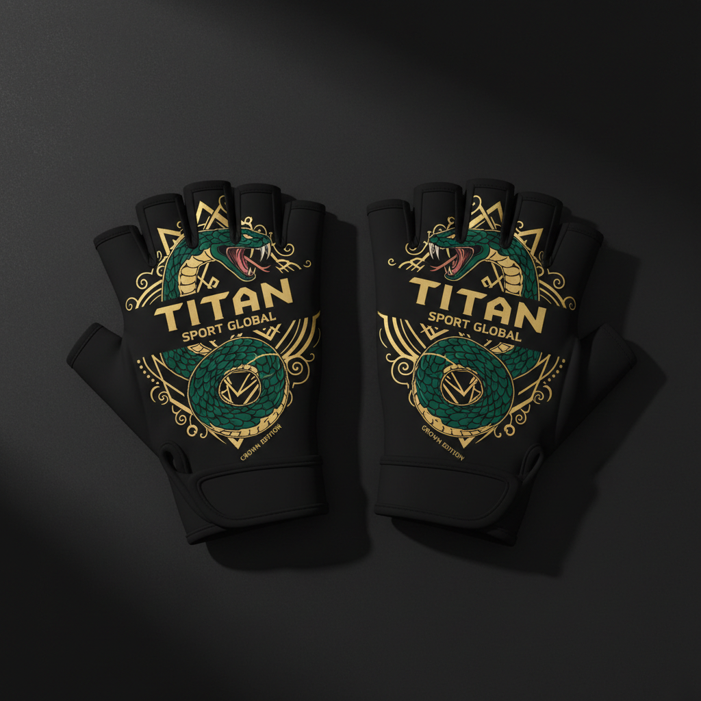 Black fingerless lifting gloves featuring a green coiled snake graphic, gold ornate detailing, and Titan branding.