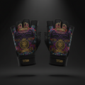 Black TITAN workout gloves with gold lion, crown, and barbell graphics, purple accents, and adjustable wrist straps.