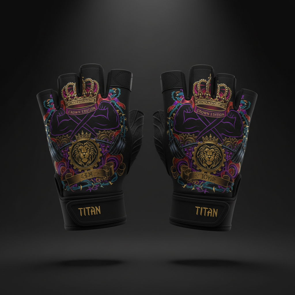 Black TITAN workout gloves with gold lion, crown, and barbell graphics, purple accents, and adjustable wrist straps.