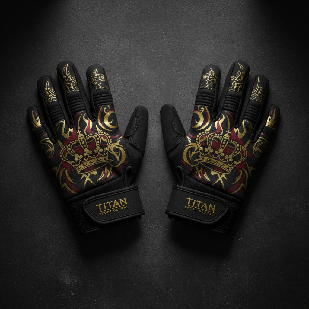 Black TITAN workout gloves with gold crown and tribal graphics, red accents, and adjustable branded wrist straps.