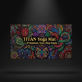 TITAN 6mm yoga mat featuring a vibrant, multicolored floral mandala pattern on a black background.