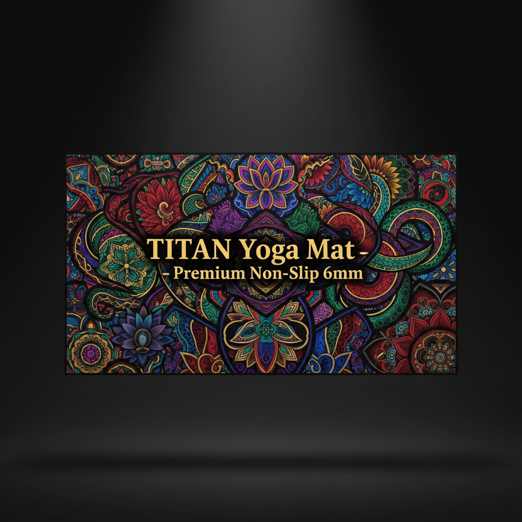 TITAN 6mm yoga mat featuring a vibrant, multicolored floral mandala pattern on a black background.