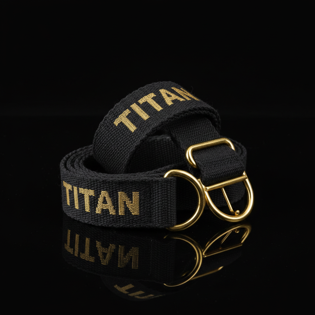 Black 8-foot cotton yoga strap with gold "TITAN" embroidery and gold D-ring buckle on a reflective black background.