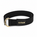Black TITAN yoga strap with a polished gold D-ring and a branded black patch featuring gold lettering.