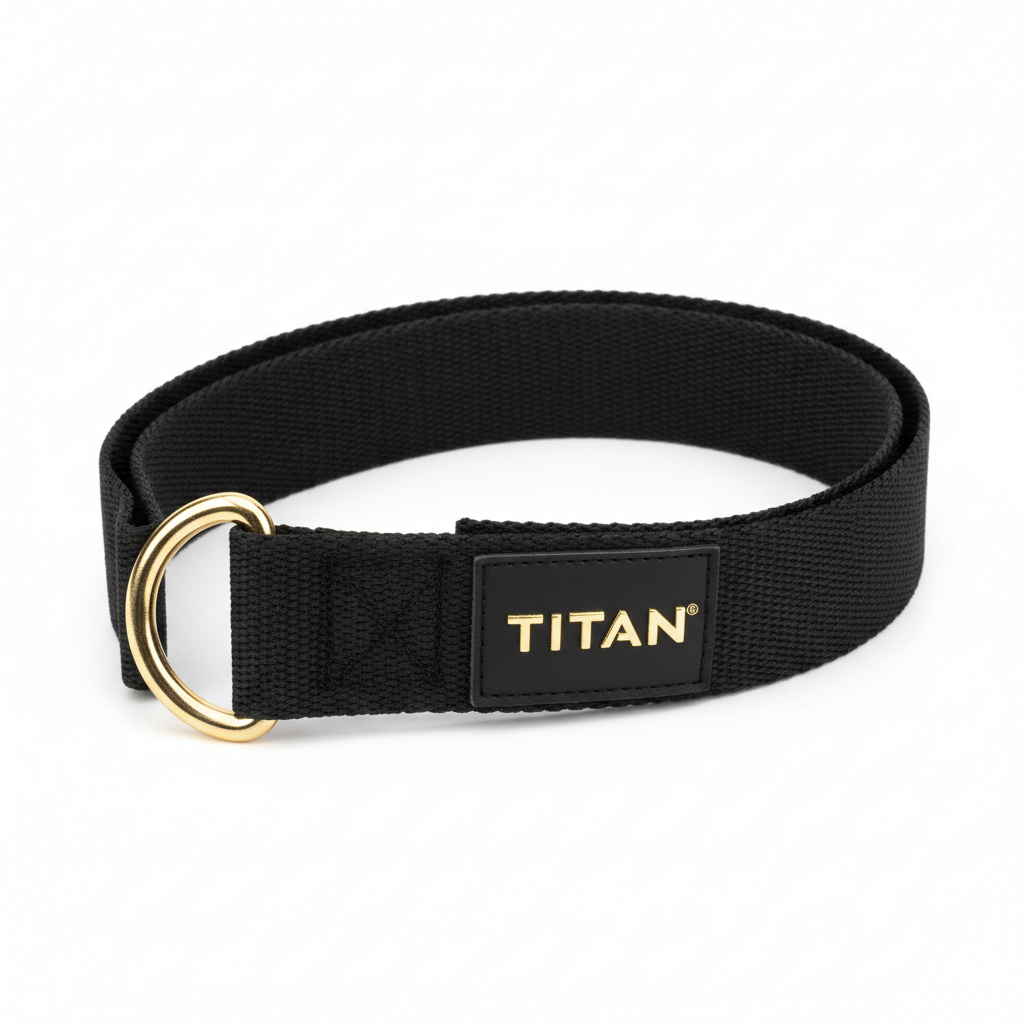 Black TITAN yoga strap with a polished gold D-ring and a branded black patch featuring gold lettering.