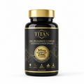 TITAN Zinc Picolinate Complex bottle: black label with gold text, icons, and a metallic gold cap on white background.