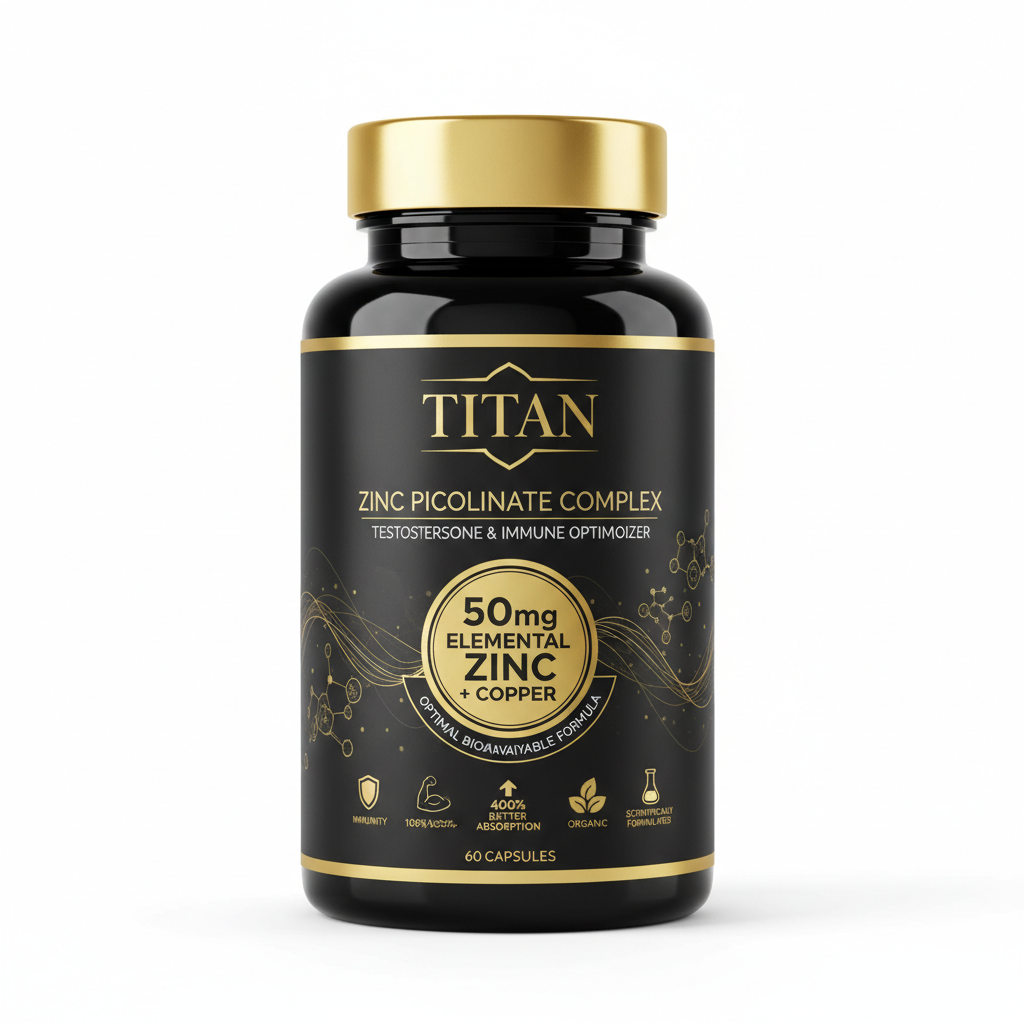 TITAN Zinc Picolinate Complex bottle: black label with gold text, icons, and a metallic gold cap on white background.